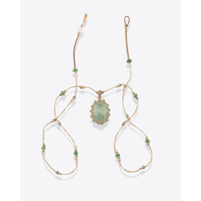Sharing Collier Court Tibétain Sur Cordon Beige Doré - Strawberry Quartz Vert  