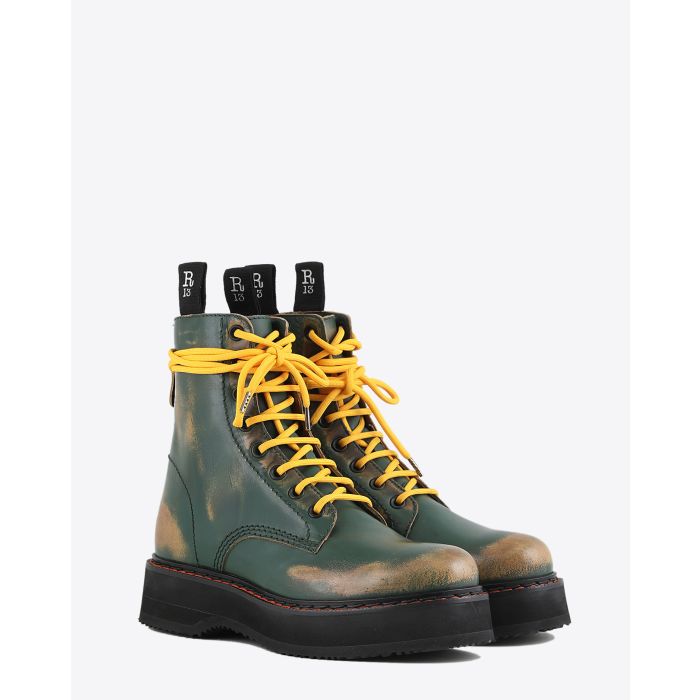 Boots Single Stack R13 Denim vertes en cuir. 
