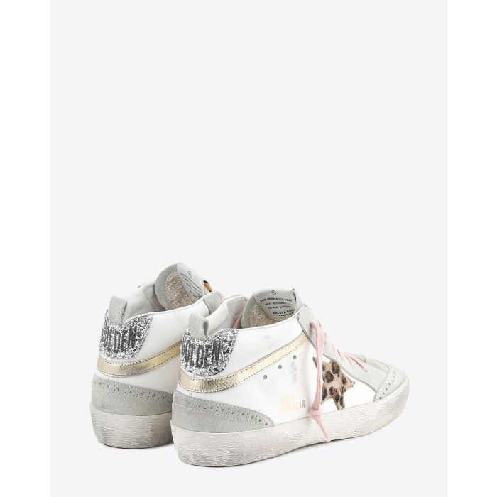 Sneakers semi-montantes Mid Star en cuir blanc bout fleuri étoile léopard lacet rose arrière paillettes argent Golden Goose femme. Arrière. 