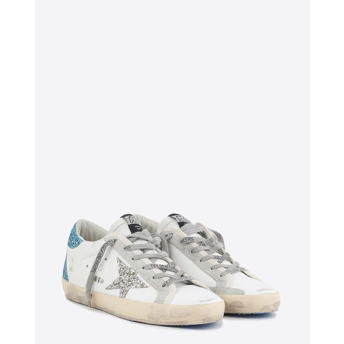 Sneakers Superstar étoile paillettes argent arrière paillettes turquoises 11549 Golden Goose femme. Face.