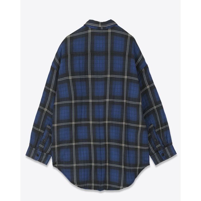 Veste chemise CPO Shirt Jacket Denimist matelassée à carreaux bleus et noirs. Vue de dos.