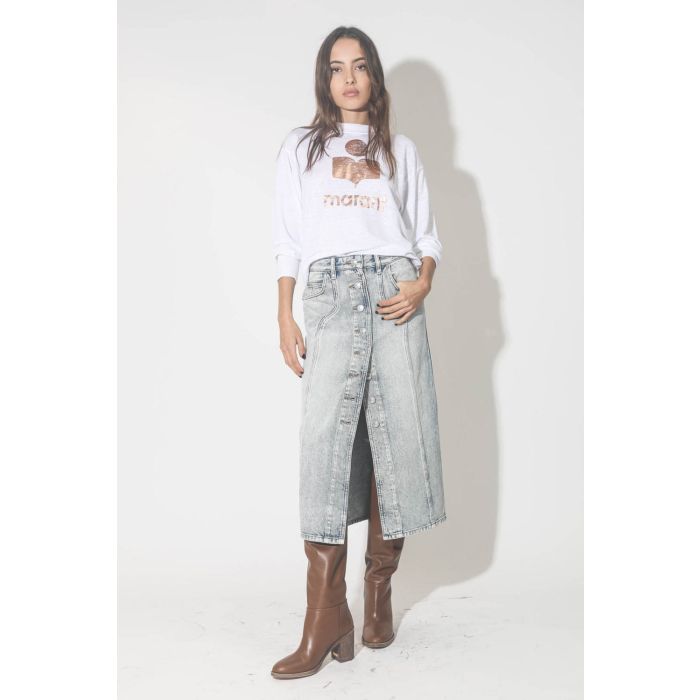 Tee-shirt manches longues blanc en lin logo Marant rose doré Klowia Isabel Marant Etoile. Porté de face. 