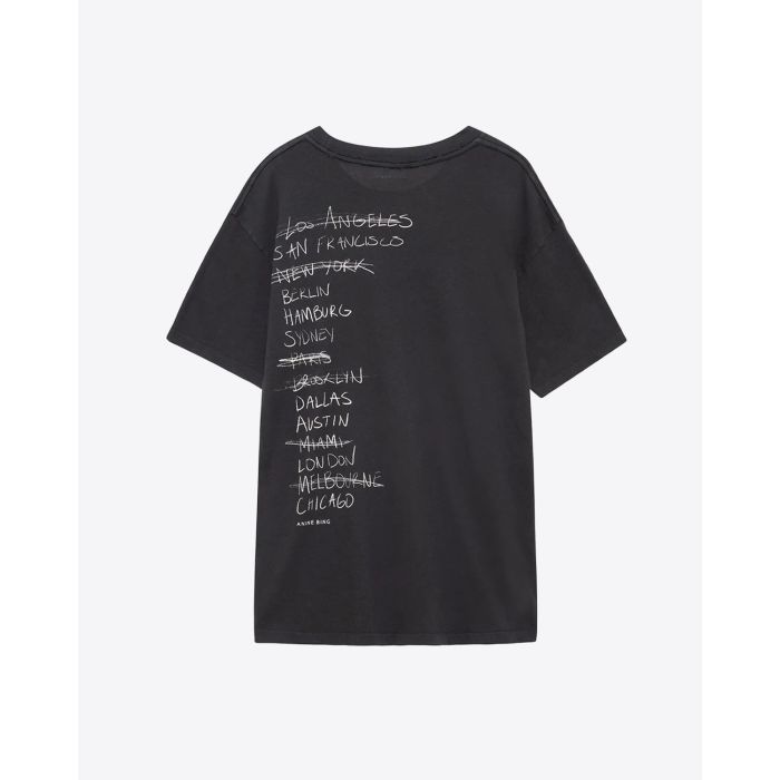 Tee-shirt manches courtes noir logo blanc Anine Bing Los Angeles Walker  Doodle Anine Bing. Détail du dos avec le nom des pays où l'on trouvent des boutiques Anine Bing.  