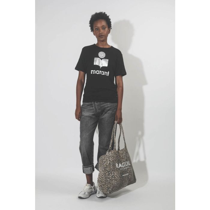 Tee-shirt en lin noir logo argent Zewel Isabel Marant Etoile. Porté face.
