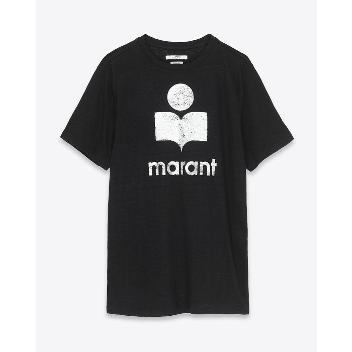 Tee-shirt en lin noir logo argent Zewel Isabel Marant Etoile. Face.