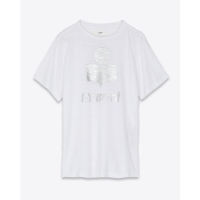 Tee-shirt en lin blanc logo argent Zewel Isabel Marant Etoile. Face. 