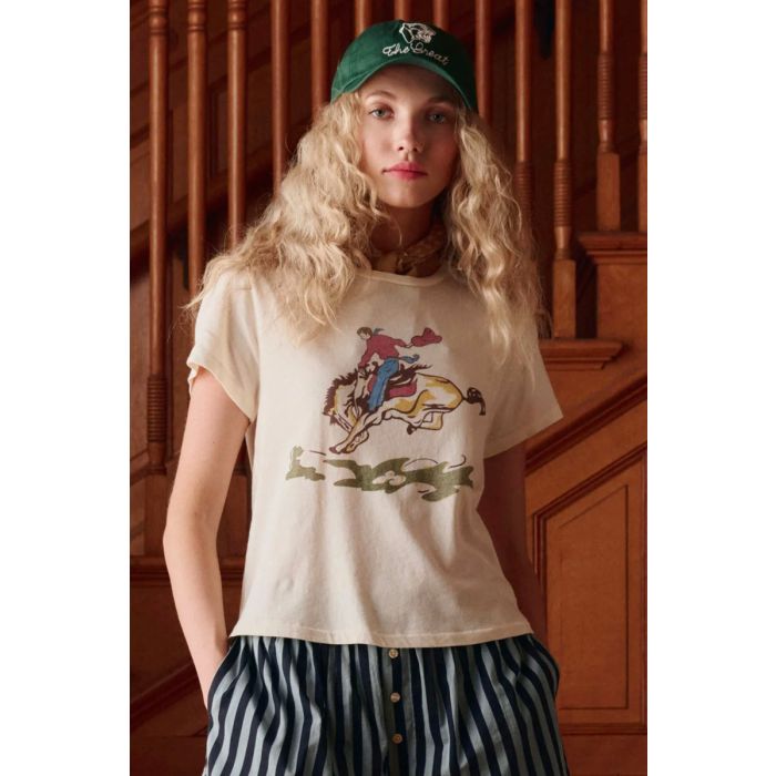 Tee-shirt Little Tee Rider The Great en coton écru sérigraphie cavalier sur son cheval, porté de face.