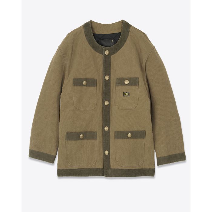 Veste oversize matelassée Cord Trimmed Chore Jacket R13 en toile de coton marron bordée de velours côtelé kaki. Vue de face.