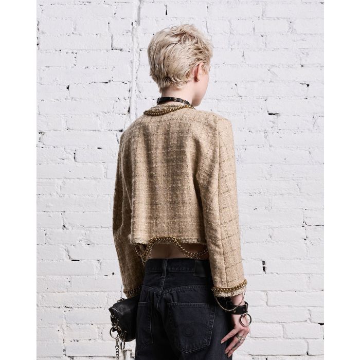 Veste courte en tweed beige avec détails de chaines R13. Dos.
