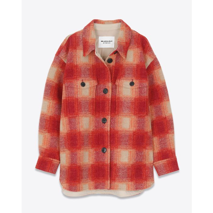 Veste Manteau forme chemise à carreaux orange Harveli Marant Etoile. Fermée avec des boutons.