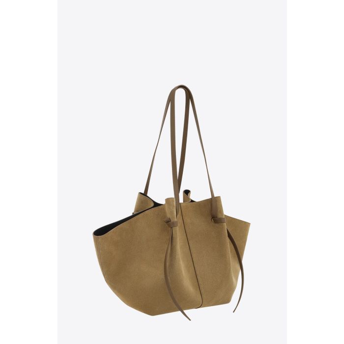 Sac cabas Mochi Large Yuzefi en cuir suédé Fennel camel sable, grand sac porté épaule à la silhouette structurée et au design contemporain. Vue de profil.
