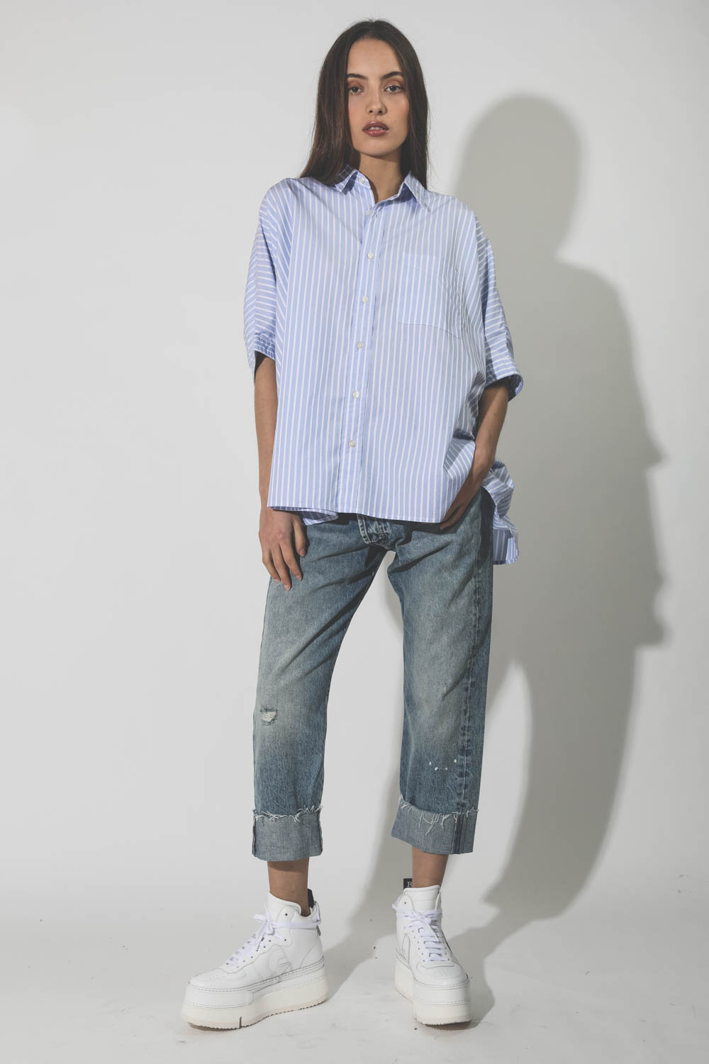 R13 Denim Collection Oversized Boxy Button Up Shirt – Light Blue Wide