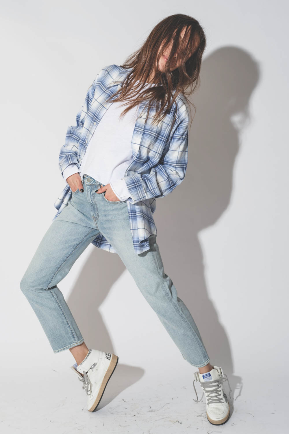 Denimist Chemise Button Front  Bleu Blanc Plaid