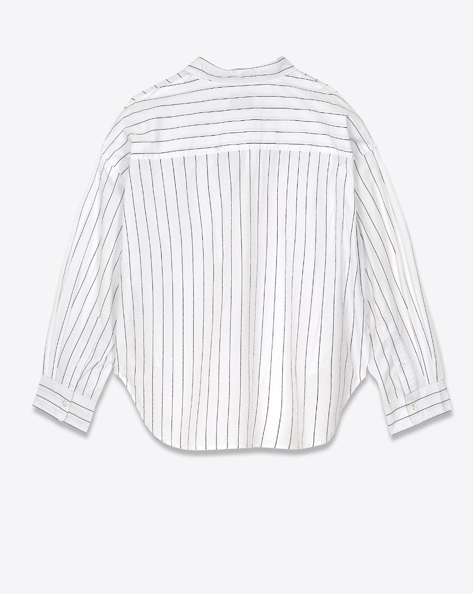 Chemise courte manches longues Denimist en popeline de coton blanc &agrave; fines rayures noires. Vue de dos.