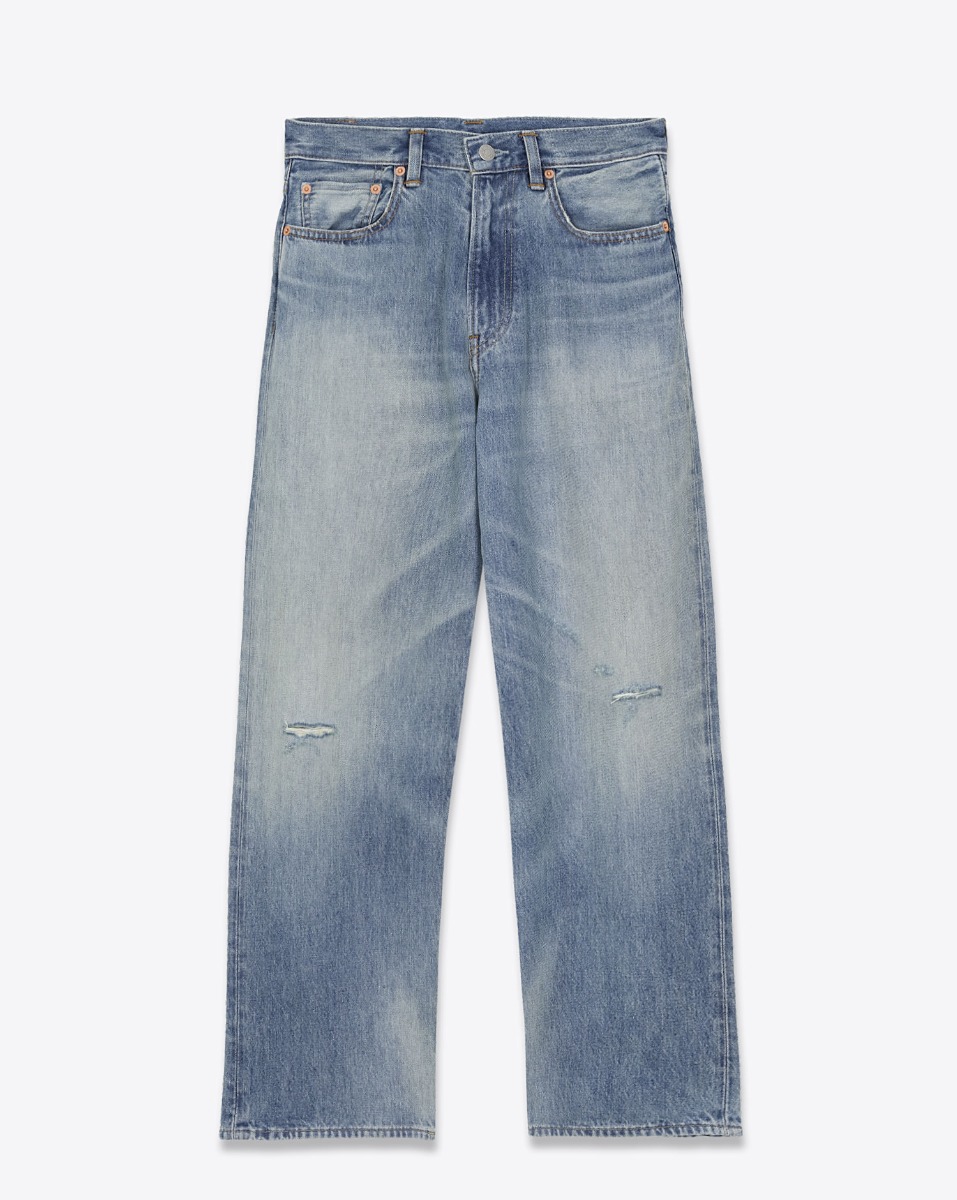 Jean droit Georgia Denimist en denim bleu d&eacute;lavage Glenmore Blue effet us&eacute;. Vue de face.