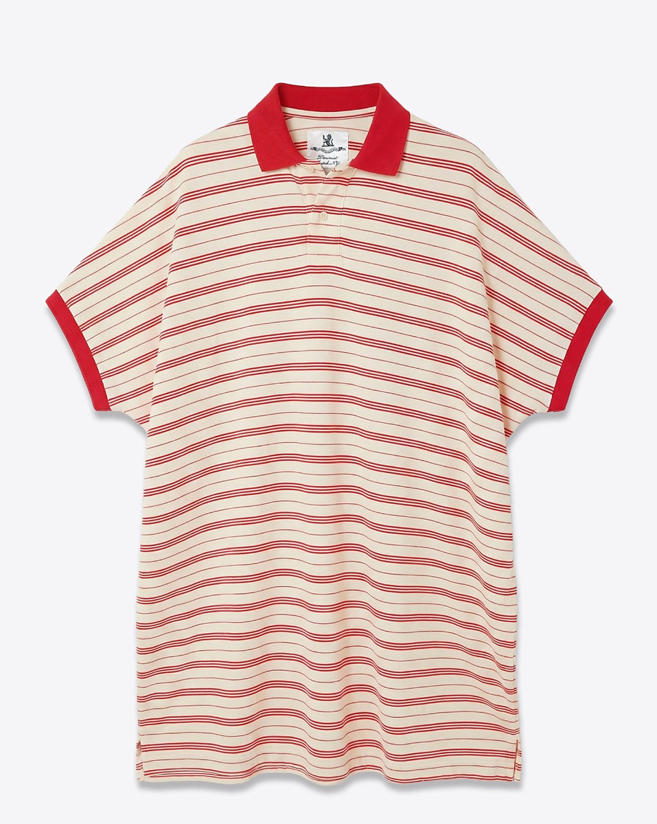 Robe polo oversize Denimist en jersey de coton ray&eacute; blanc et rouge, vue de face.