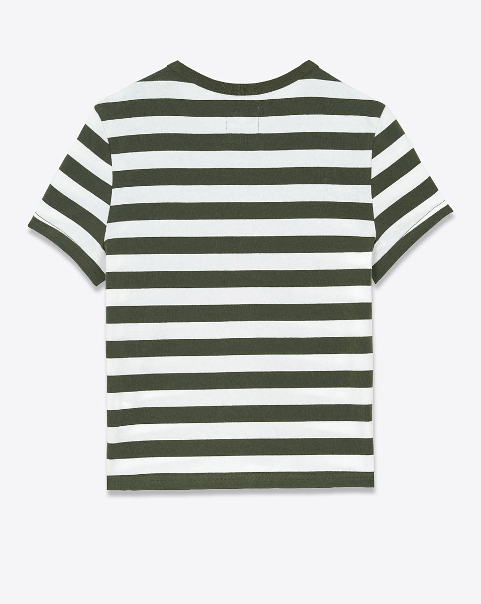 Tee-shirt &agrave; manches courtes Baby Denimist en jersey de coton &agrave; rayures &eacute;cru et vert olive tr&egrave;s fonc&eacute;. Vue de dos.