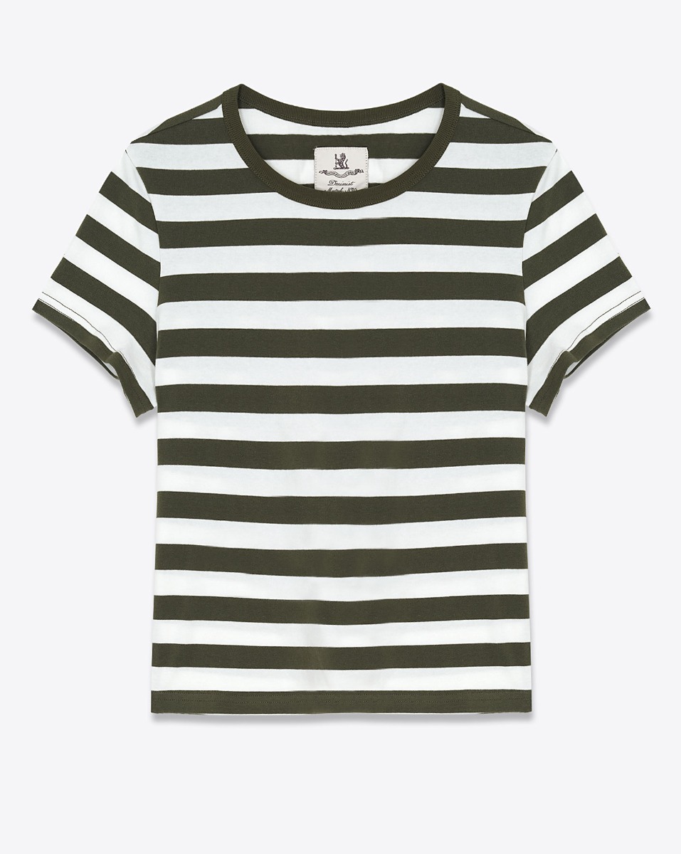 Tee-shirt &agrave; manches courtes Baby Denimist en jersey de coton &agrave; rayures &eacute;cru et vert olive tr&egrave;s fonc&eacute;. Vue de face.