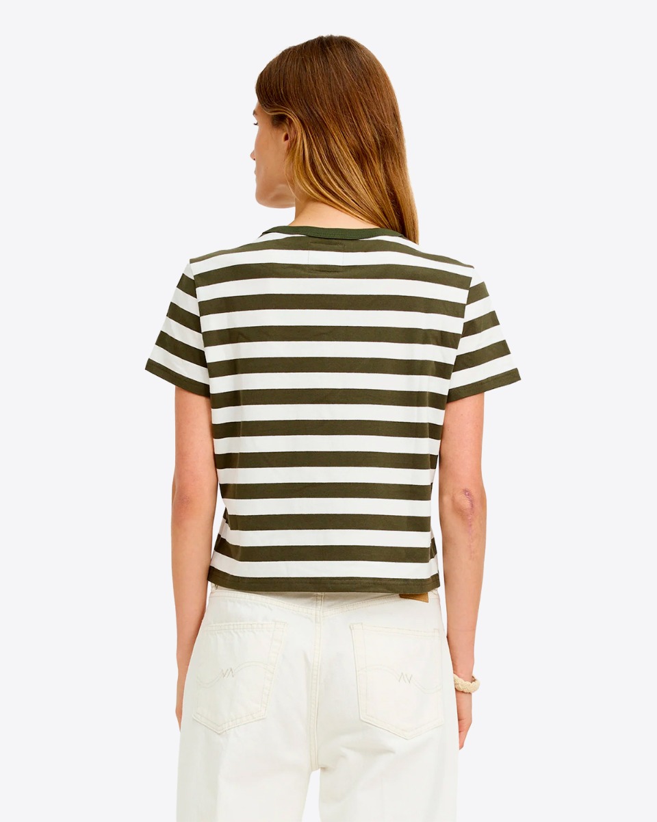 Tee-shirt &agrave; manches courtes Baby Denimist en jersey de coton &agrave; rayures &eacute;cru et vert olive tr&egrave;s fonc&eacute;, port&eacute; de dos.