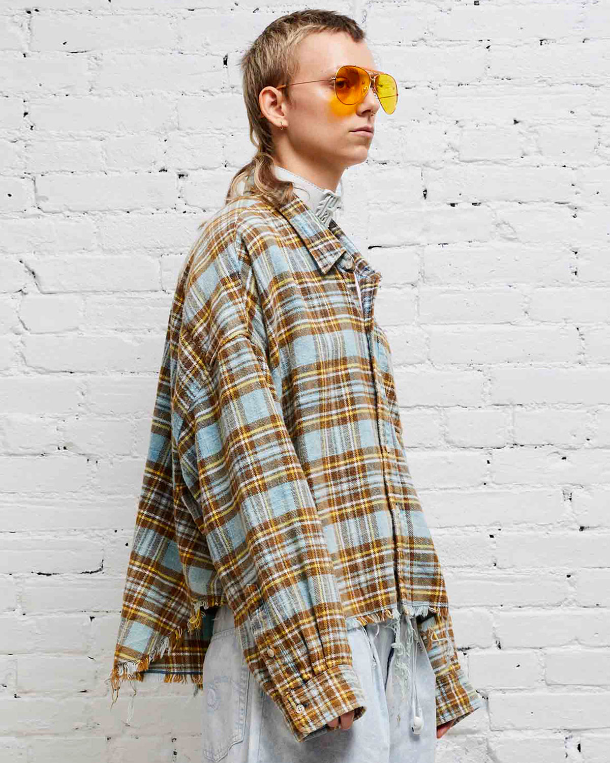R13 Denim Collection Drop Neck Cropped shirt – Bright Blue Plaid