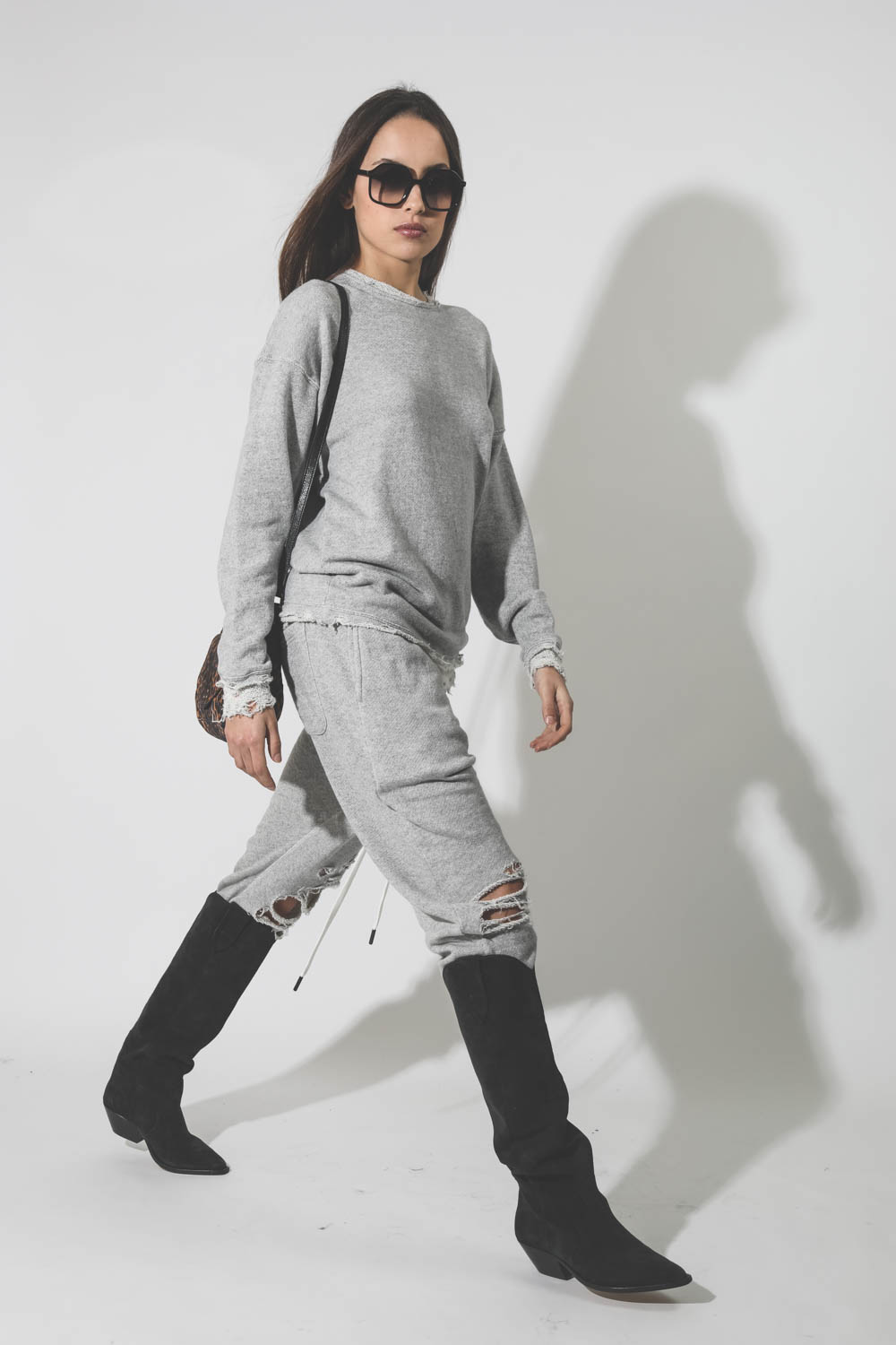 R13 Denim Permanent Shredded Knee Dropped Crotch - Heather Grey