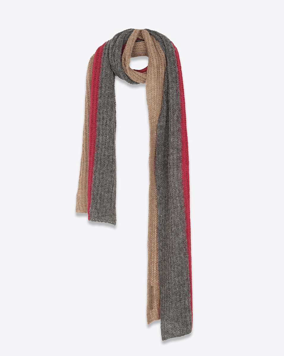 Produit Écharpe Thibault Van Der Straete en alpaga tricolore beige, gris et rouge. Vue de face. 