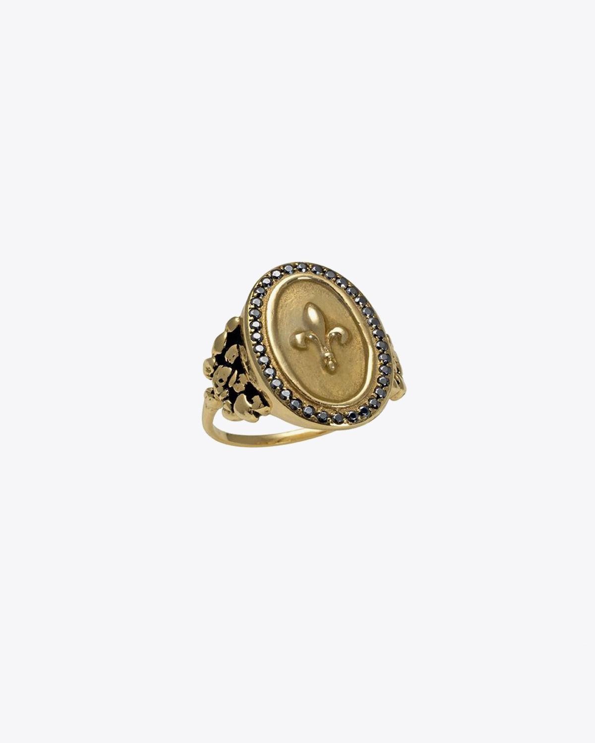 Feidt Bague Médaille Fleur De Lys Or Jaune 9K Résine & Saphirs Grey  