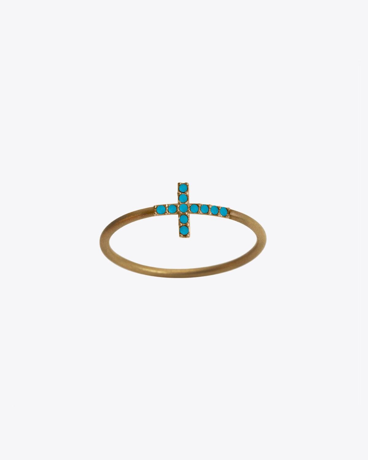 Feidt Bague Jonc Croix Or Jaune 9K et Turquoises - Antik