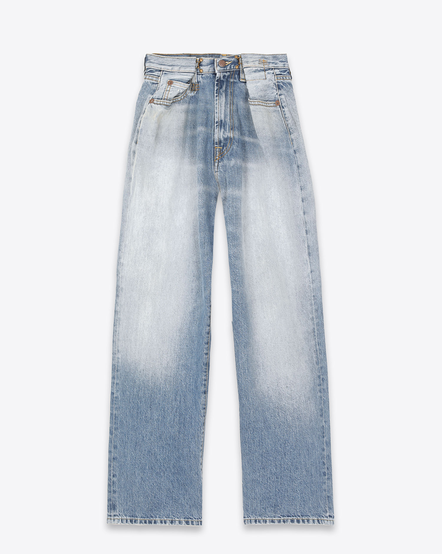 Jeans droit bleu ciel à resserrer avec des crochets soit taille haute soit Boyfriend Fold over jean Irving blue r13 Denim 