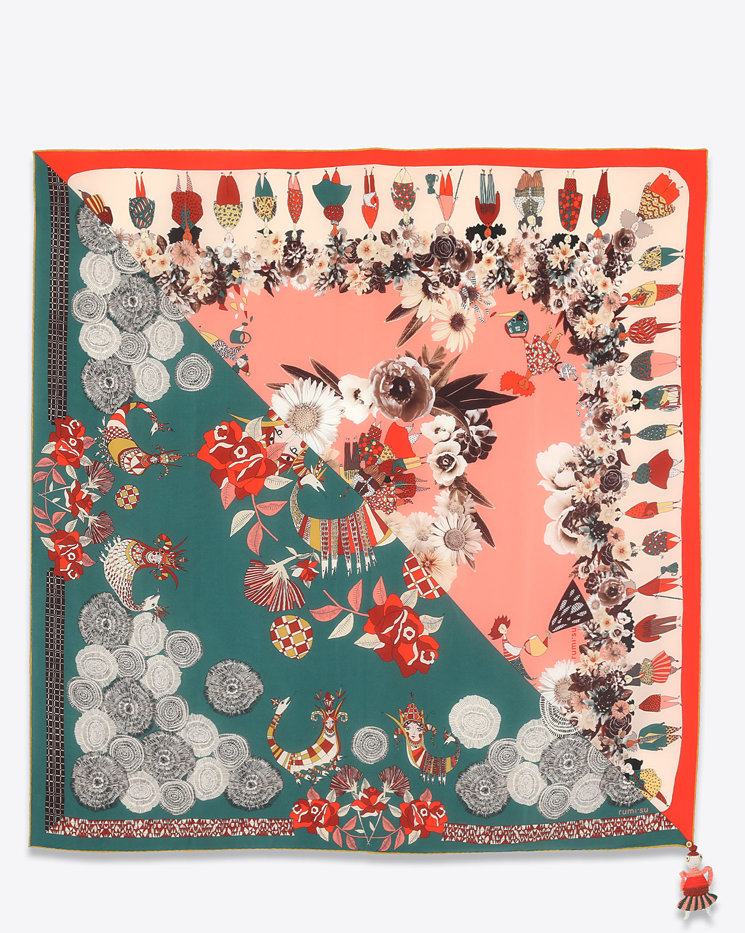 Foulard Rumi Su Sibylle en soie imprimé fleurs et personnages.  