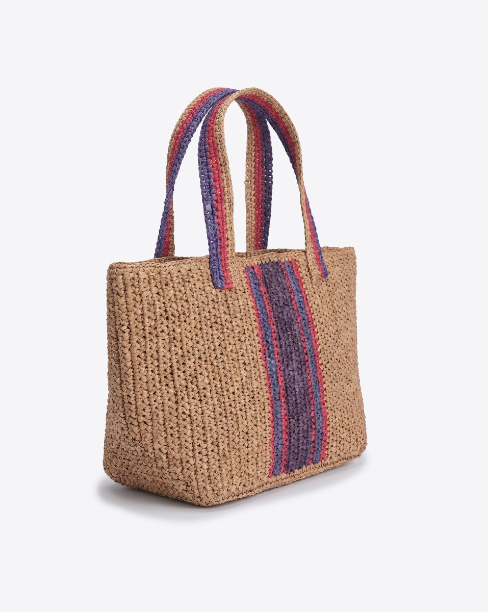 Petit cabas Raffia La Piccola Gabriele Frantzen en raphia ray&eacute; naturel, bleu et rouge. Vu de profil.