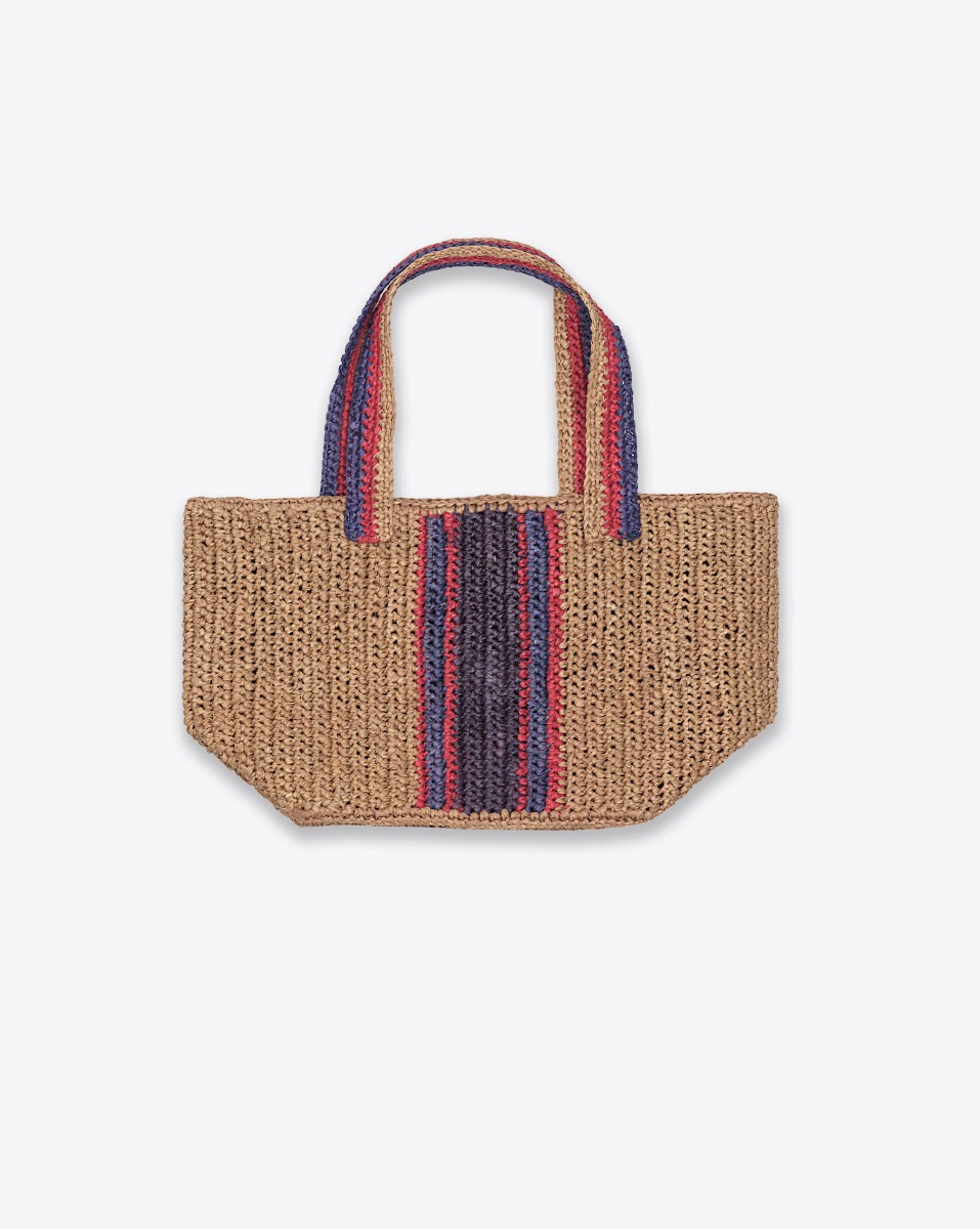 Petit cabas Raffia La Piccola Gabriele Frantzen en raphia ray&eacute; naturel, bleu et rouge. Vu de face.