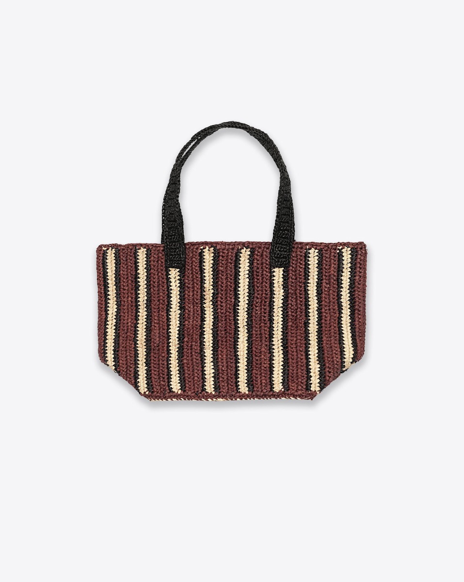 Petit cabas Raffia La Piccola Mousse Chocolat Gabriele Frantzen en raphia ray&eacute; chocolat, noir et &eacute;cru. Vu de face.
