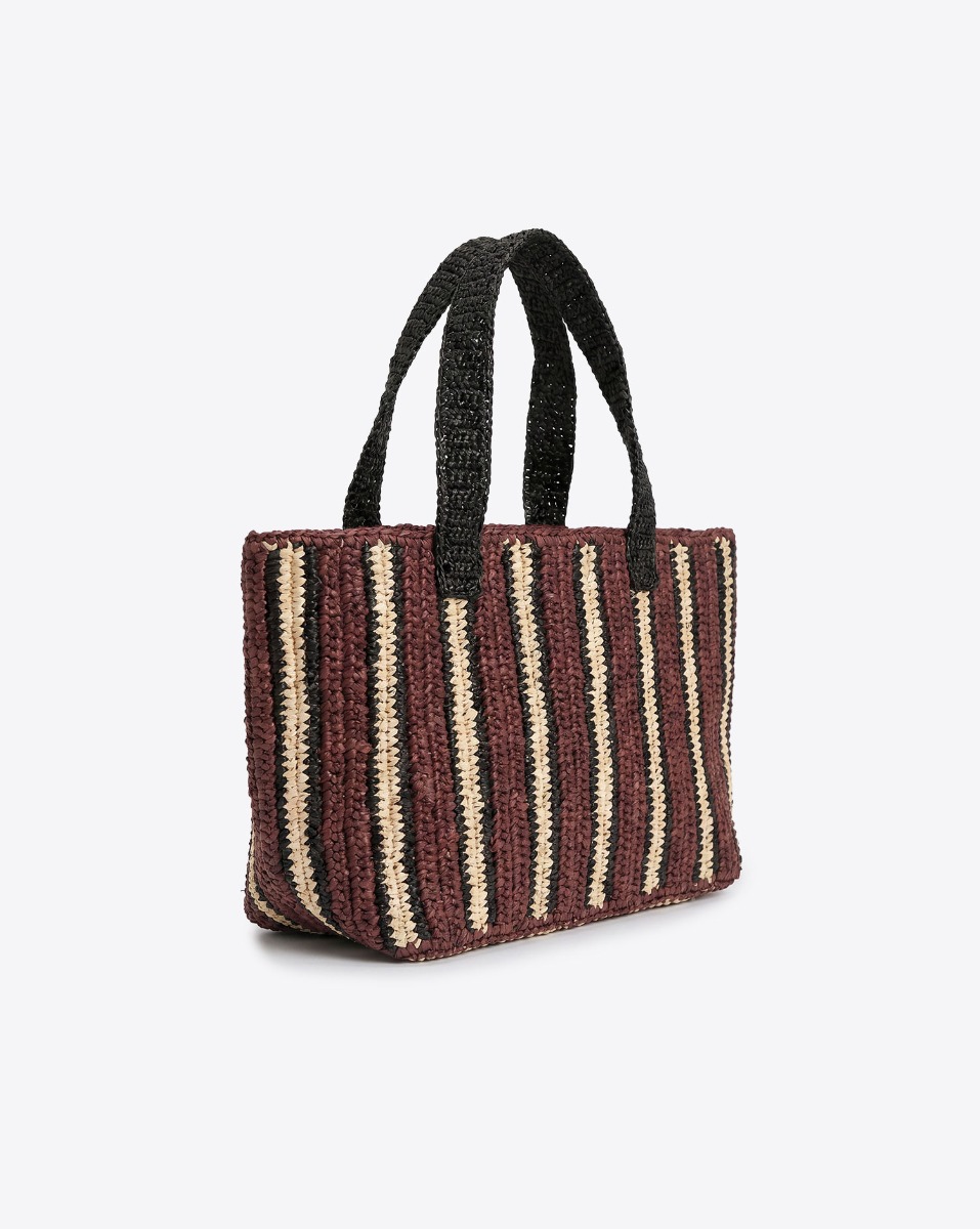 Petit cabas Raffia La Piccola Mousse Chocolat Gabriele Frantzen en raphia ray&eacute; chocolat, noir et &eacute;cru. Vu de profil.
