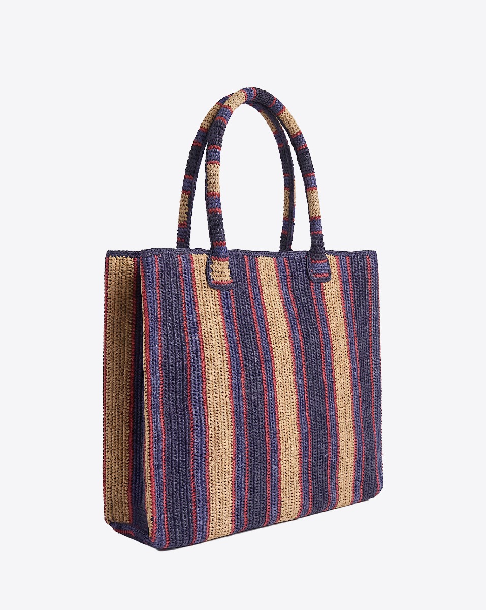 Cabas Raffia Little Sister Denim Days Gabriele Frantzen en raphia bleu, beige et rouge, vu de profil.