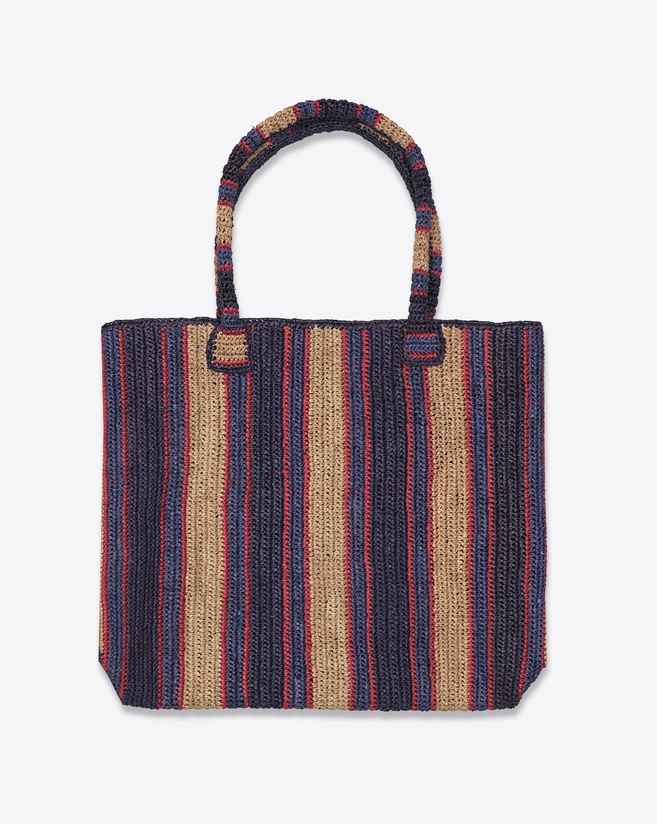 Cabas Raffia Little Sister Denim Days Gabriele Frantzen en raphia bleu, beige et rouge, vu de face.