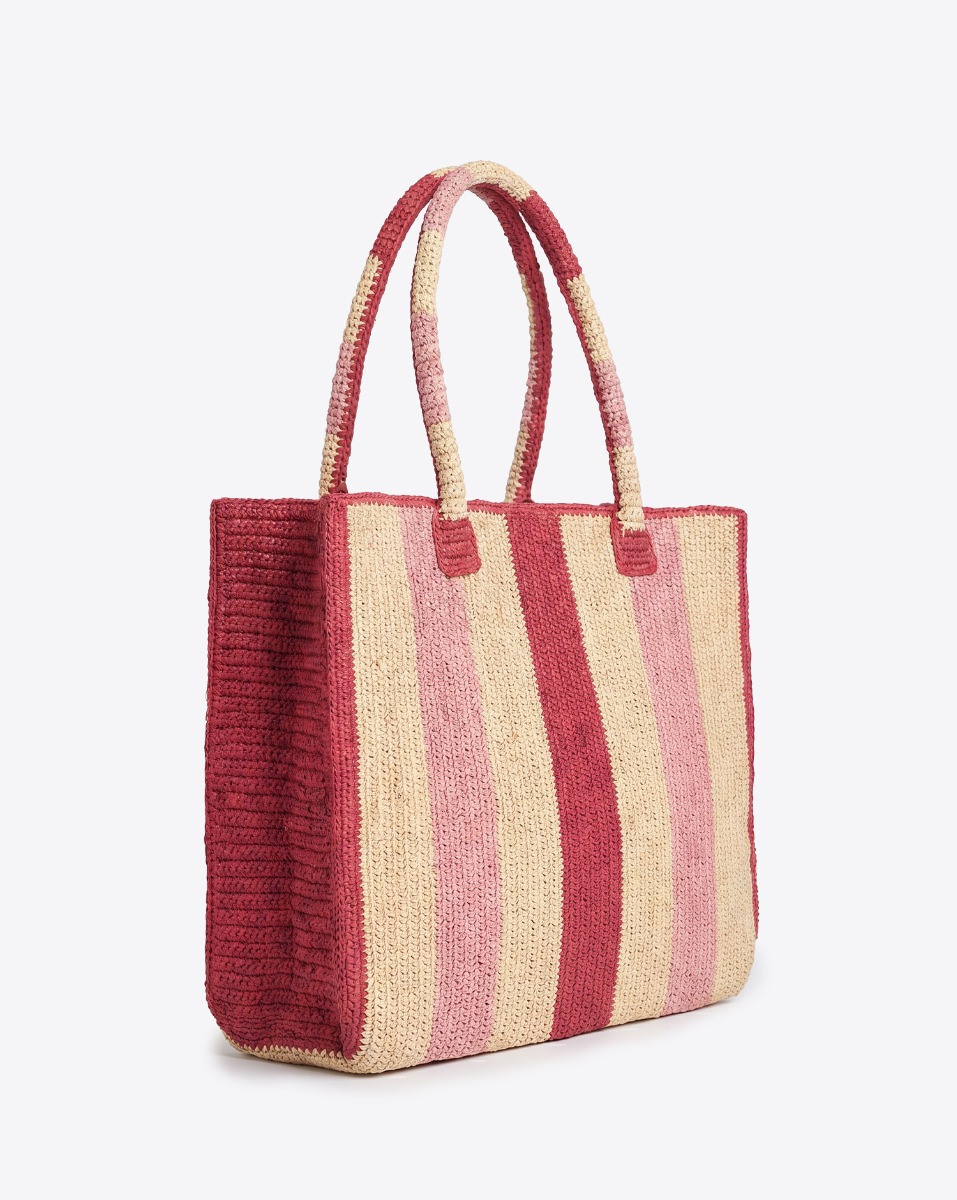Cabas Raffia Little Sister La Vie en rose Gabriele Frantzen en raphia ray&eacute; beige et rose, vu de profil.