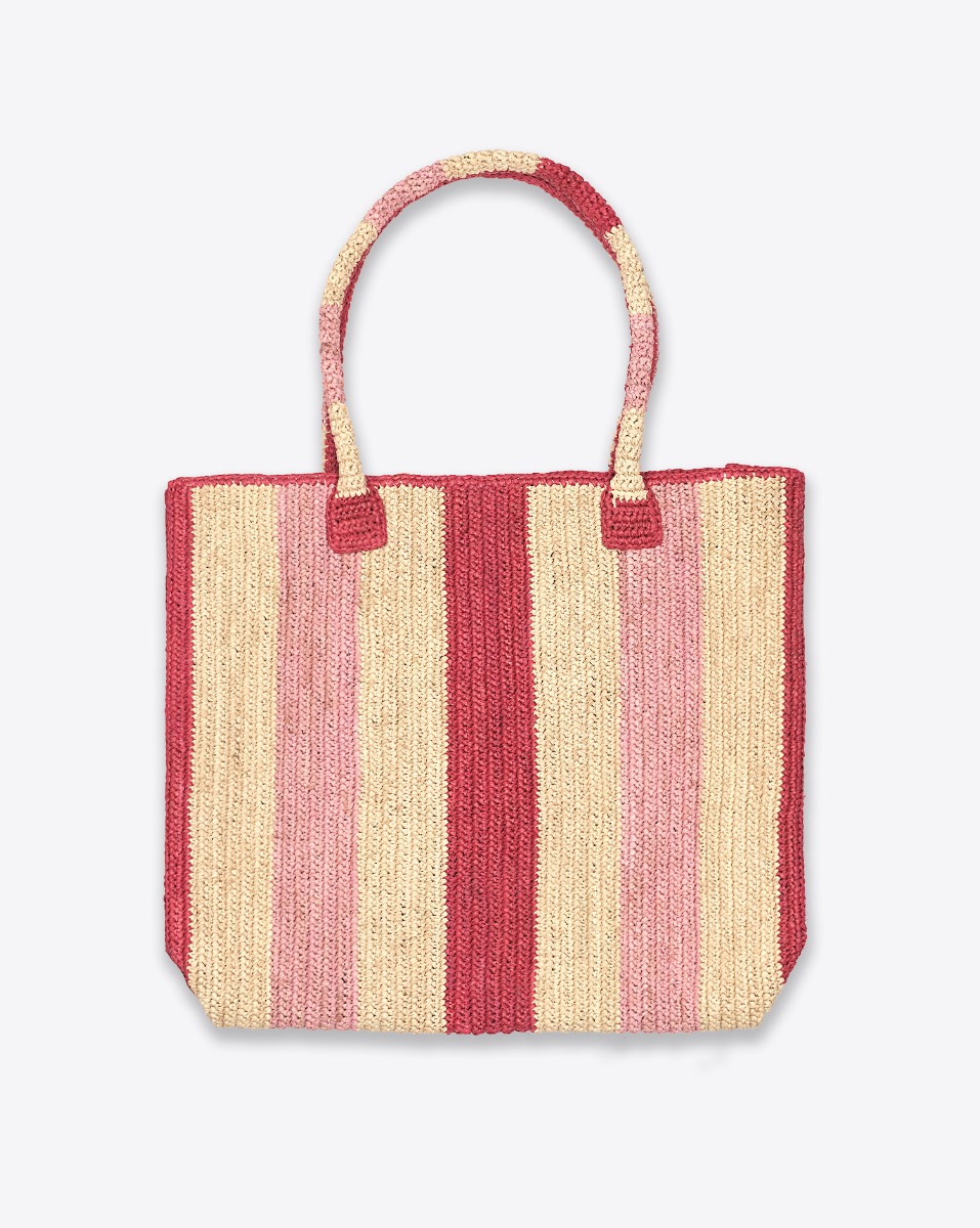 Cabas Raffia Little Sister La Vie en rose Gabriele Frantzen en raphia ray&eacute; beige et rose, vu de face.