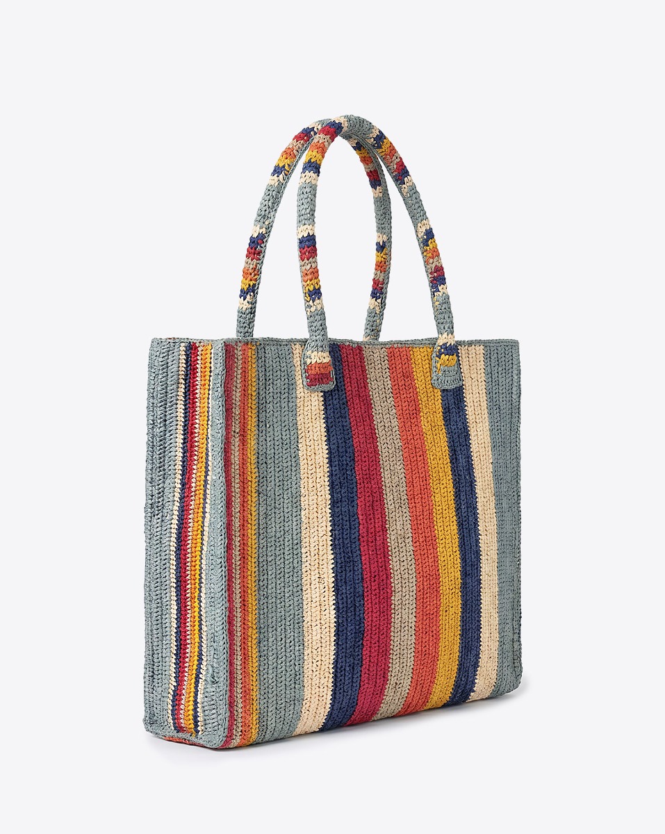 Cabas Raffia Little Sister Plage Gabriele Frantzen en raphia &agrave; rayures multicolores, vu de profil.