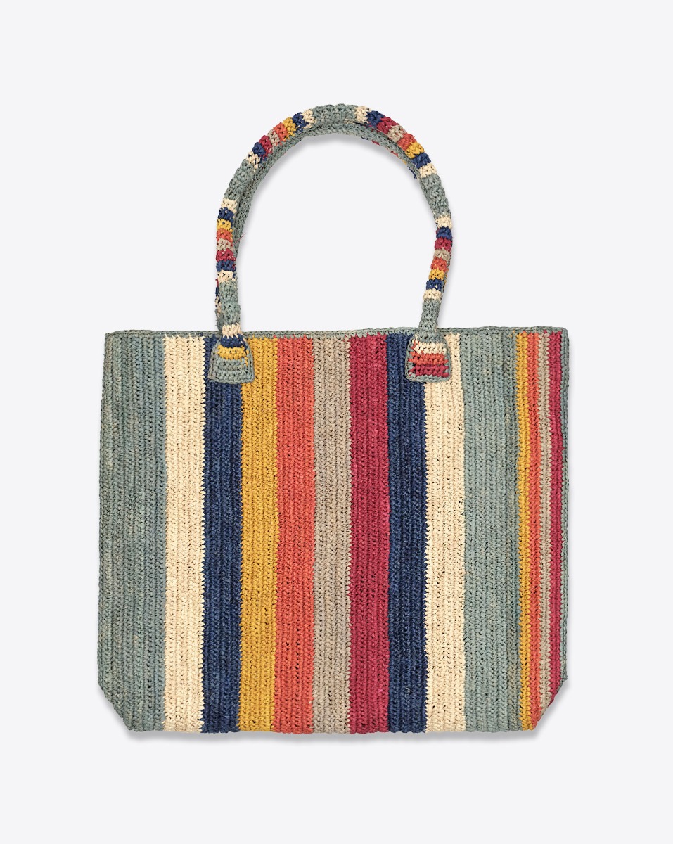 Cabas Raffia Little Sister Plage Gabriele Frantzen en raphia &agrave; rayures multicolores, vu de face.