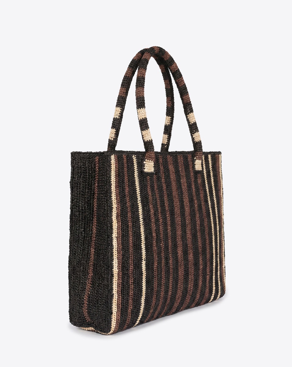 Cabas Raffia Little Sister Nomad Gabriel Frantzen en raphia ray&eacute; chocolat, noir et &eacute;cru. Vu de profil.