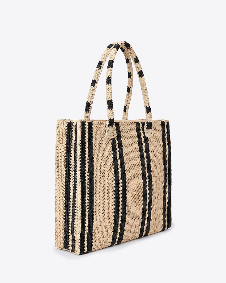 Cabas Raffia Little Sister Vacation Days Gabriele Frantzen en raphia &agrave; rayures noir et beige, vu de profil.