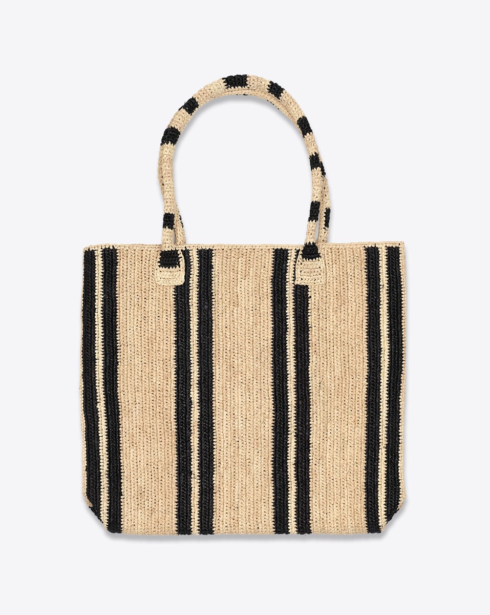 Cabas Raffia Little Sister Vacation Days Gabriele Frantzen en raphia &agrave; rayures noir et beige, vu de face.
