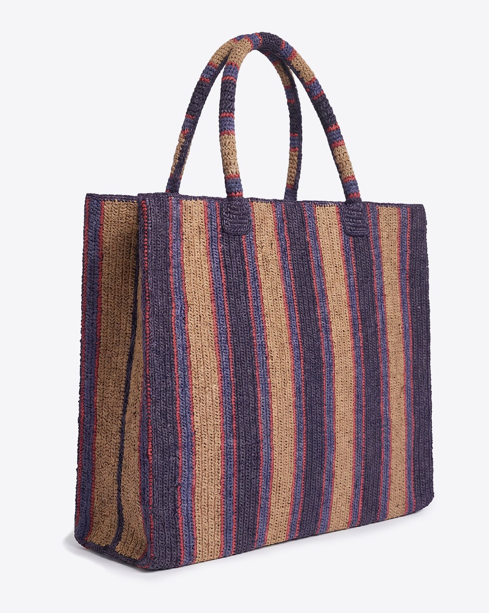 Cabas Raffia Weekender Denim Day Gabriel Frantzen en raphia bleu marine et beige. Vu de profil.