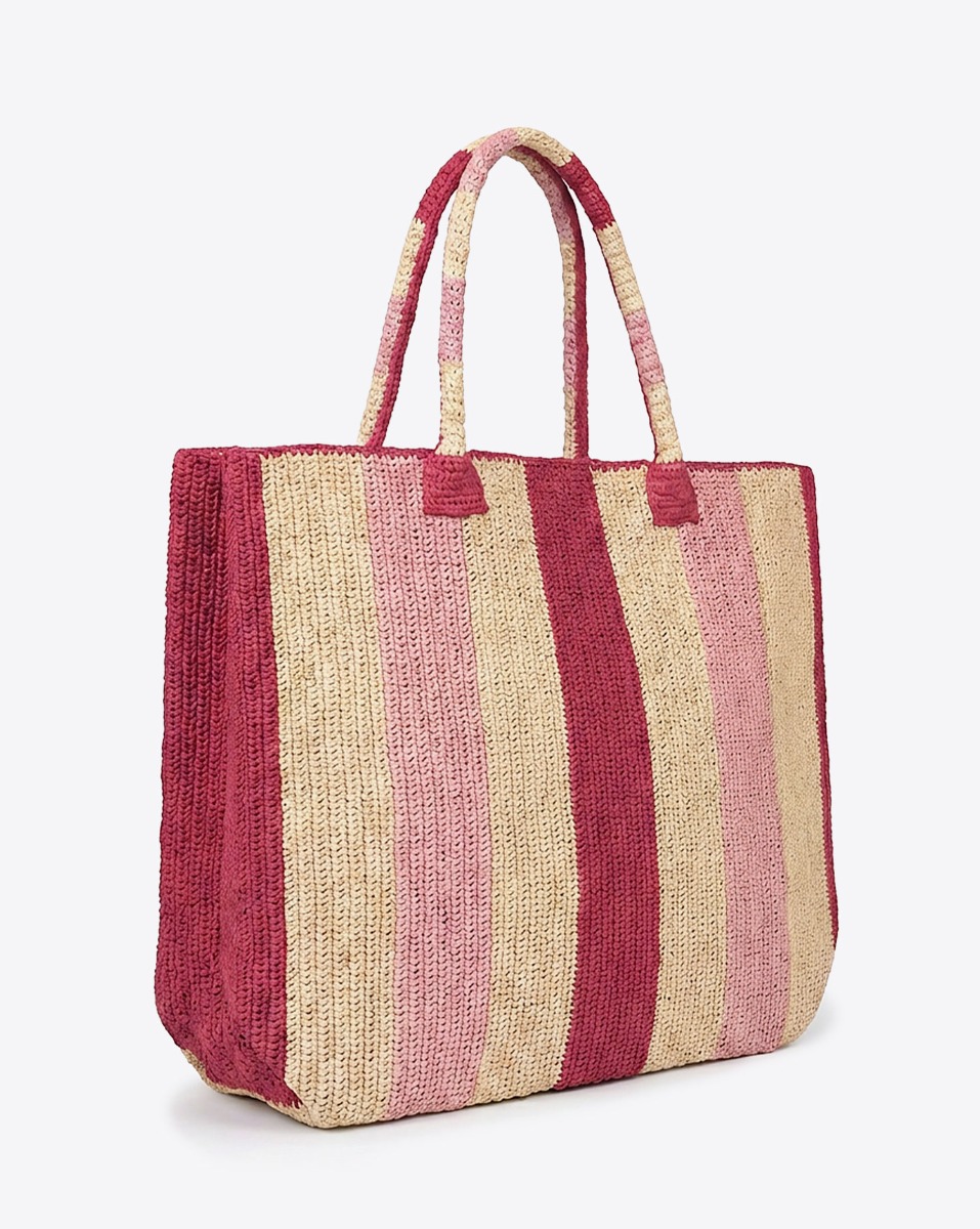Cabas Raffia Weekender La vie en rose Gabriel Frantzen en raphia &agrave; rayures rose, &eacute;cru et rouge, vu de profil.