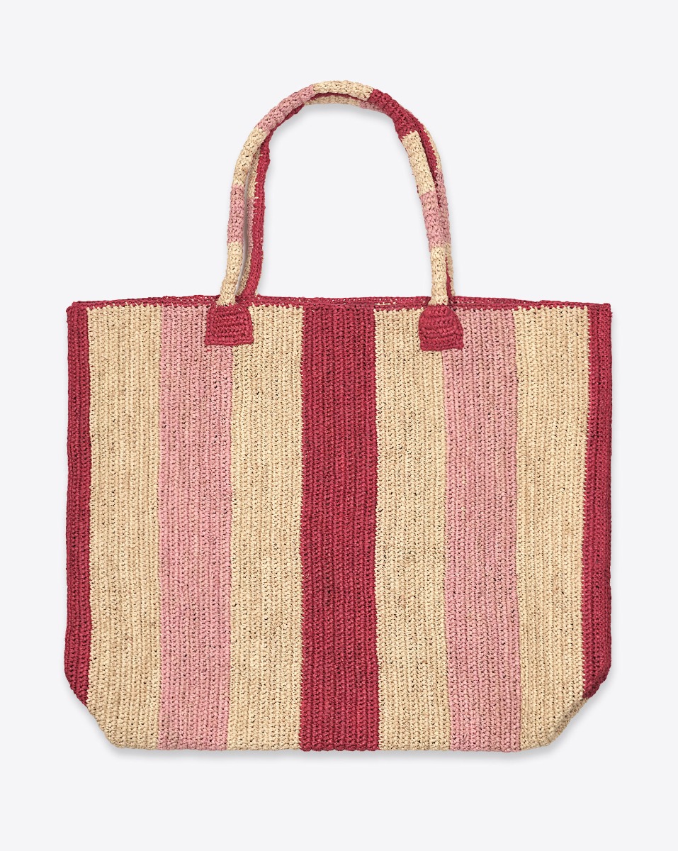 Cabas Raffia Weekender La vie en rose Gabriel Frantzen en raphia &agrave; rayures rose, &eacute;cru et rouge, vu de face.