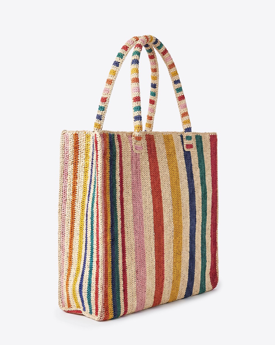 Grand cabas Raffia Weekender Lido Gabriel Frantzen en raphia ray&eacute; multicolore, vu de profil.