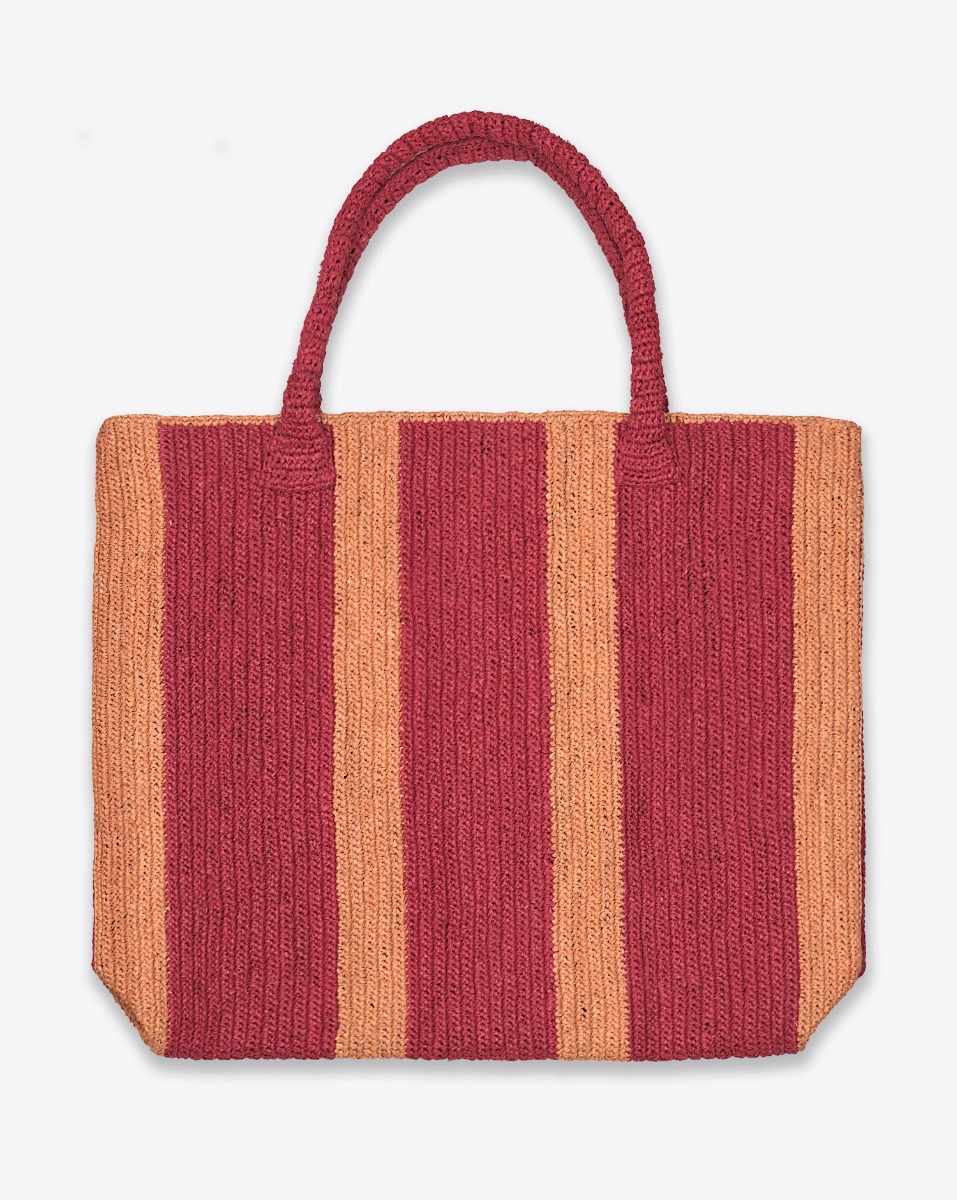 Cabas Raffia Weekender Melon Mix Gabriele Frantzen en raphia ray&eacute; rouge et orange. Vu de face.