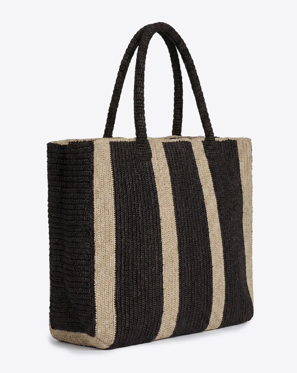 Grand cabas Raffia Weekender Noir Sand Gabriele Frantzen en raphia ray&eacute; noir et beige. Vu de profil.