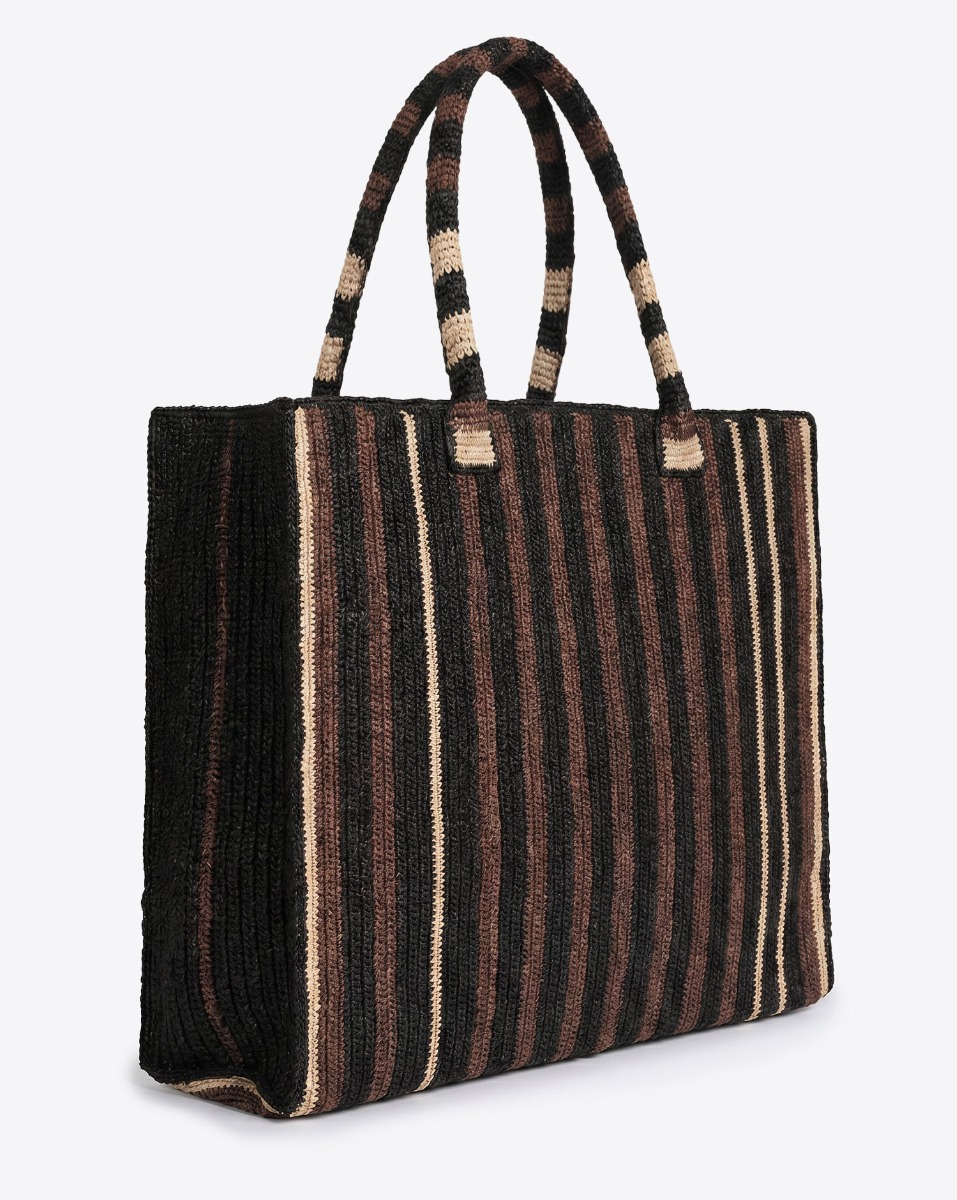 Grand cabas Raffia Weekender Nomad Gabriele Frantzen en raphia chocolat, noir et &eacute;cru. Vu de profil.